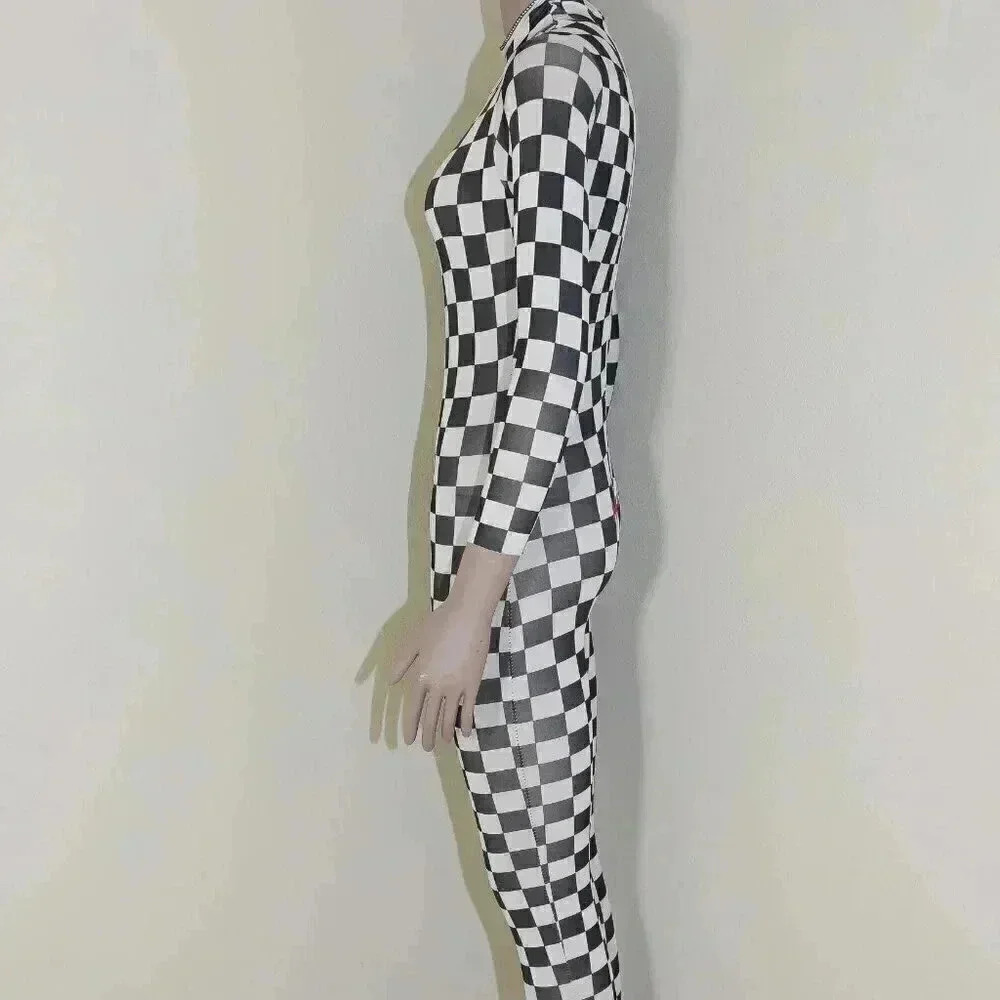 Black White Checkered Halloween Long Sleeve Mock Neck Jumpsuit Small Costume‎ - Picture 2 of 3